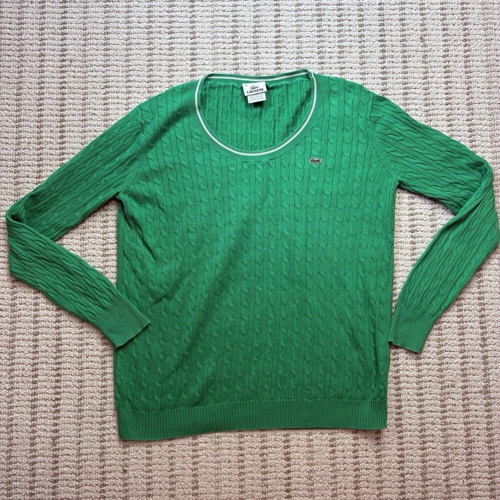 Lacoste Womens Green Pullover Cable Knit Sweater Round Neck Size 44 Made in Peru